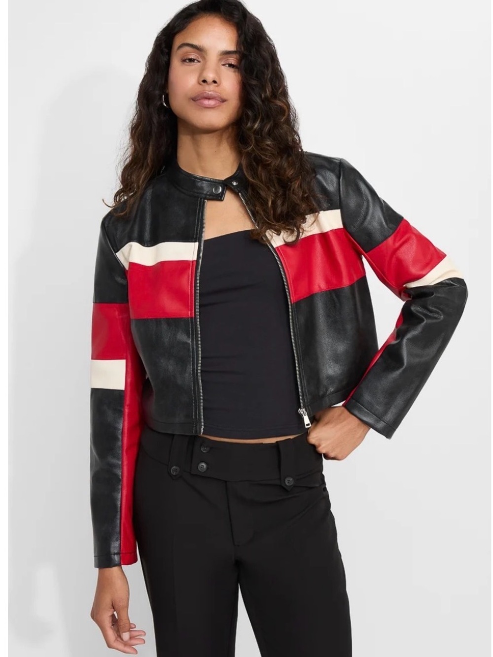 NWOT Womens Black & Red Colorblock Vegan Leather Moto Jacket
